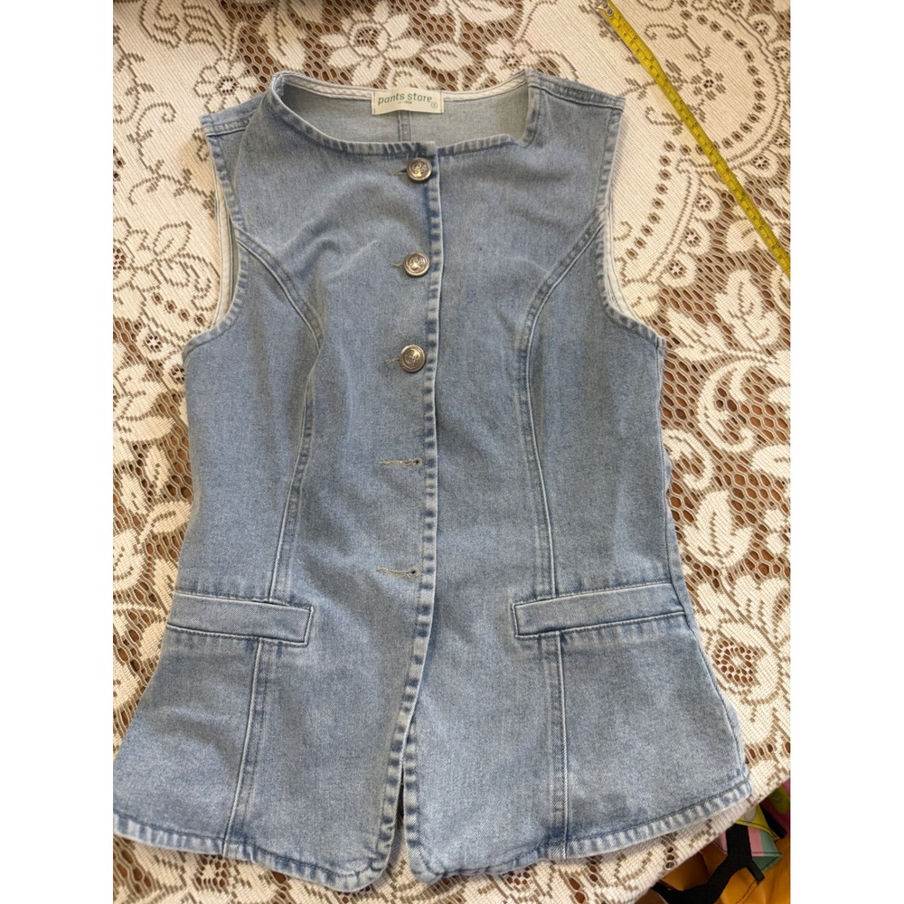 Pants Store Women Blue Denim Vest Light Wash Button Front Sleeveless Jacket S